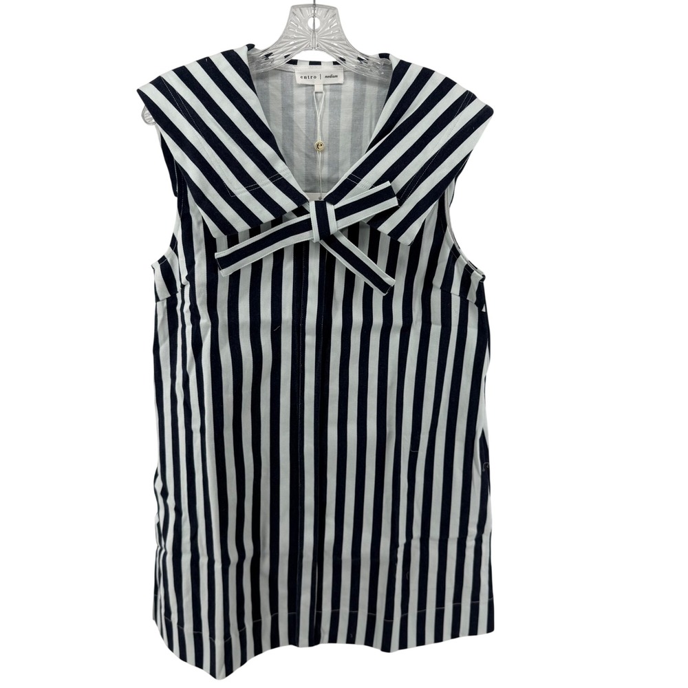 Entro Navy White Striped Sailor Collar Bow Sleeveless Mini Dress Womens Medium - Picture 1 of 8